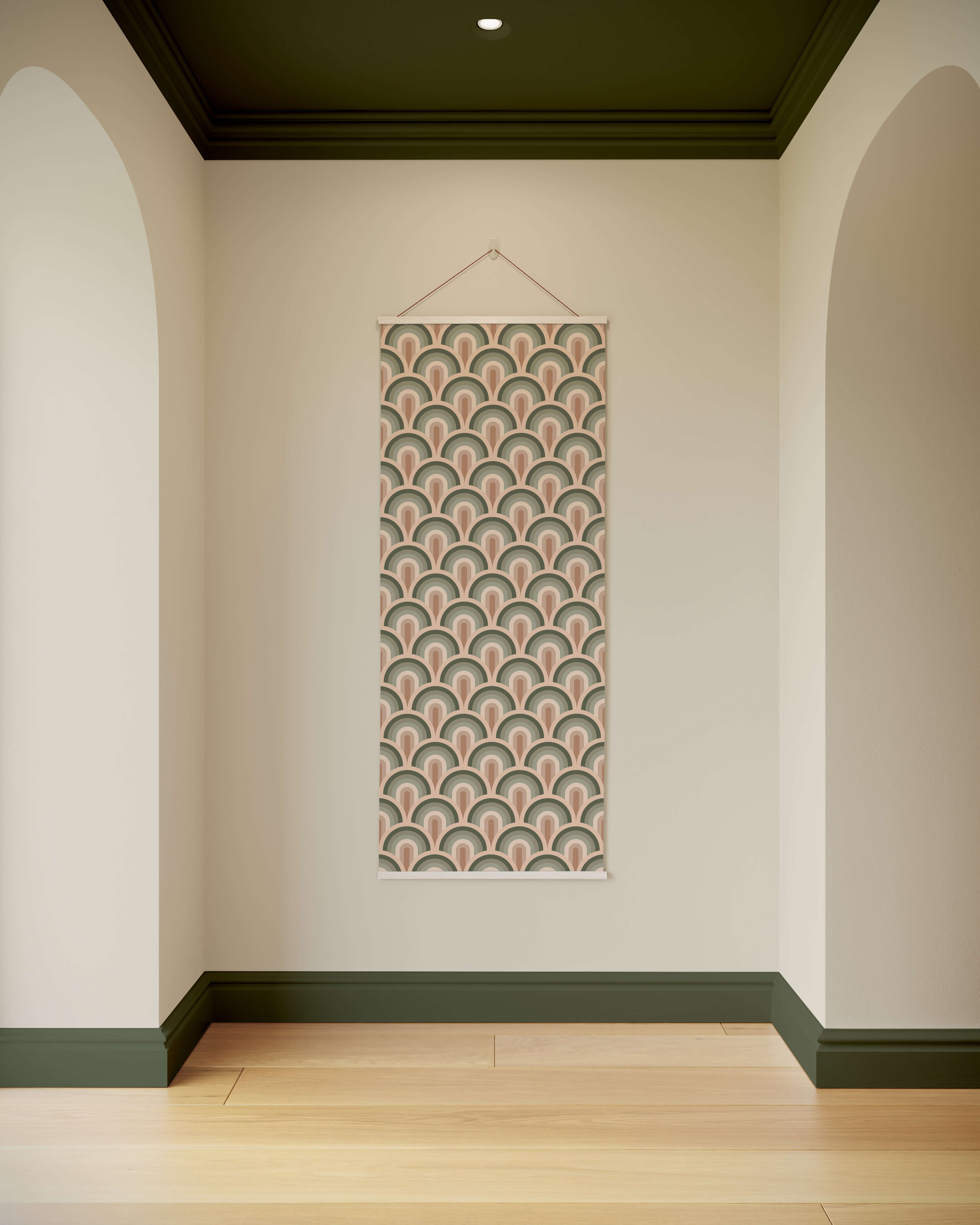 A rectangular retro rainbow tapestry with repeating fan-shaped motifs in soft pink muted green and beige tones