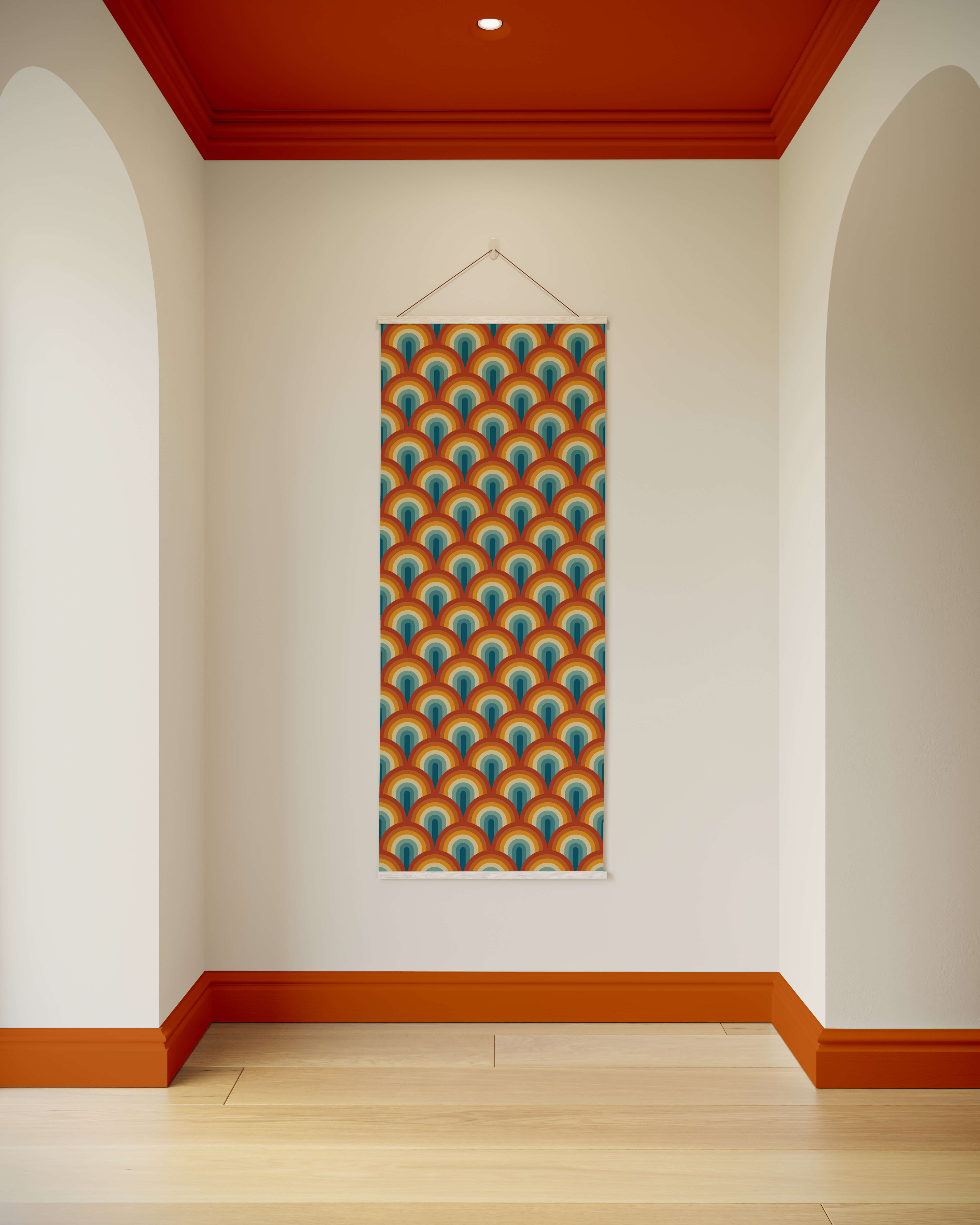 A retro rainbow tapestry featuring a vibrant orange and teal peacock feather pattern with a white border in art deco style