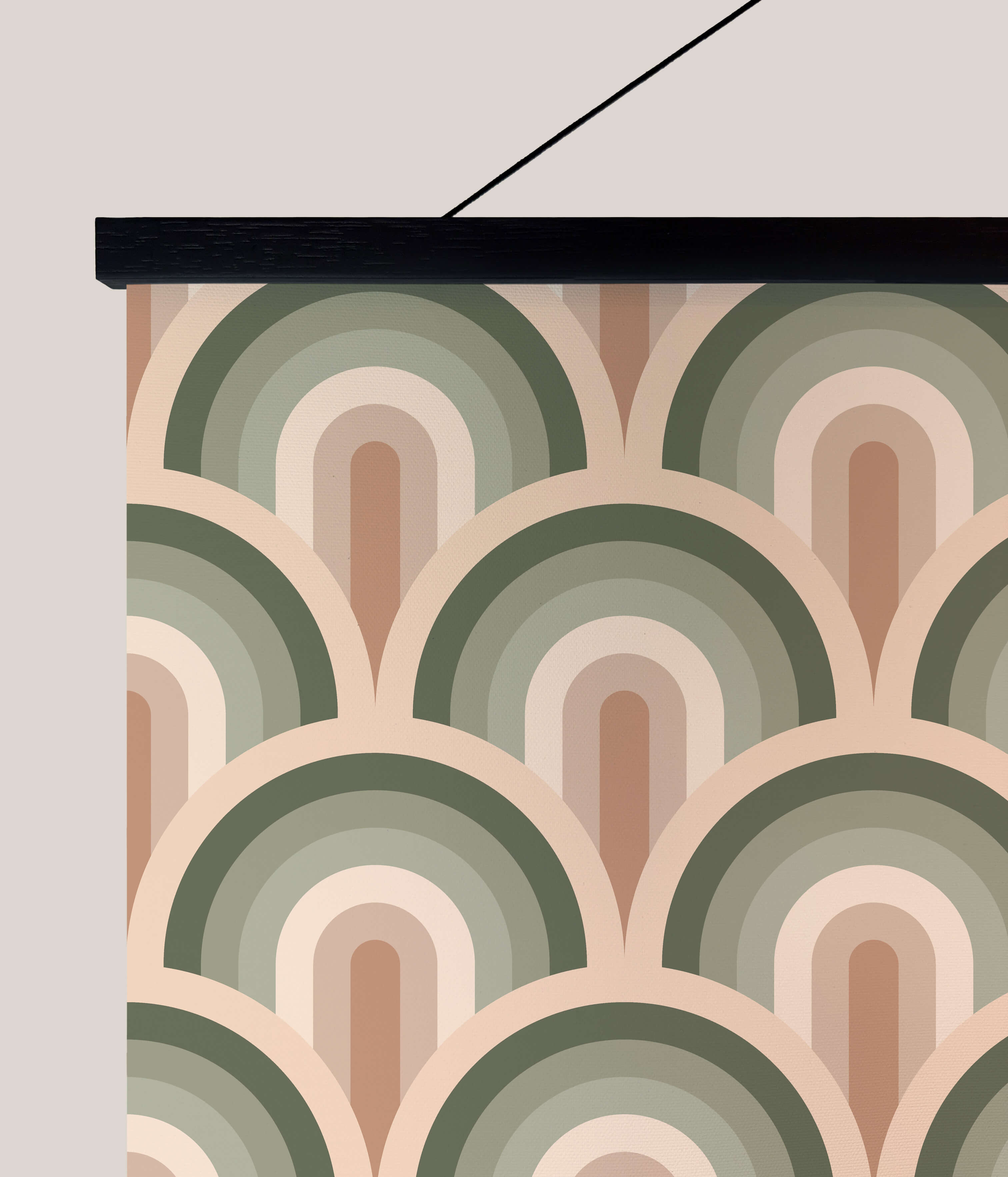 A retro rainbow tapestry wall art with art deco style concentric arches in muted greens and soft beige tones