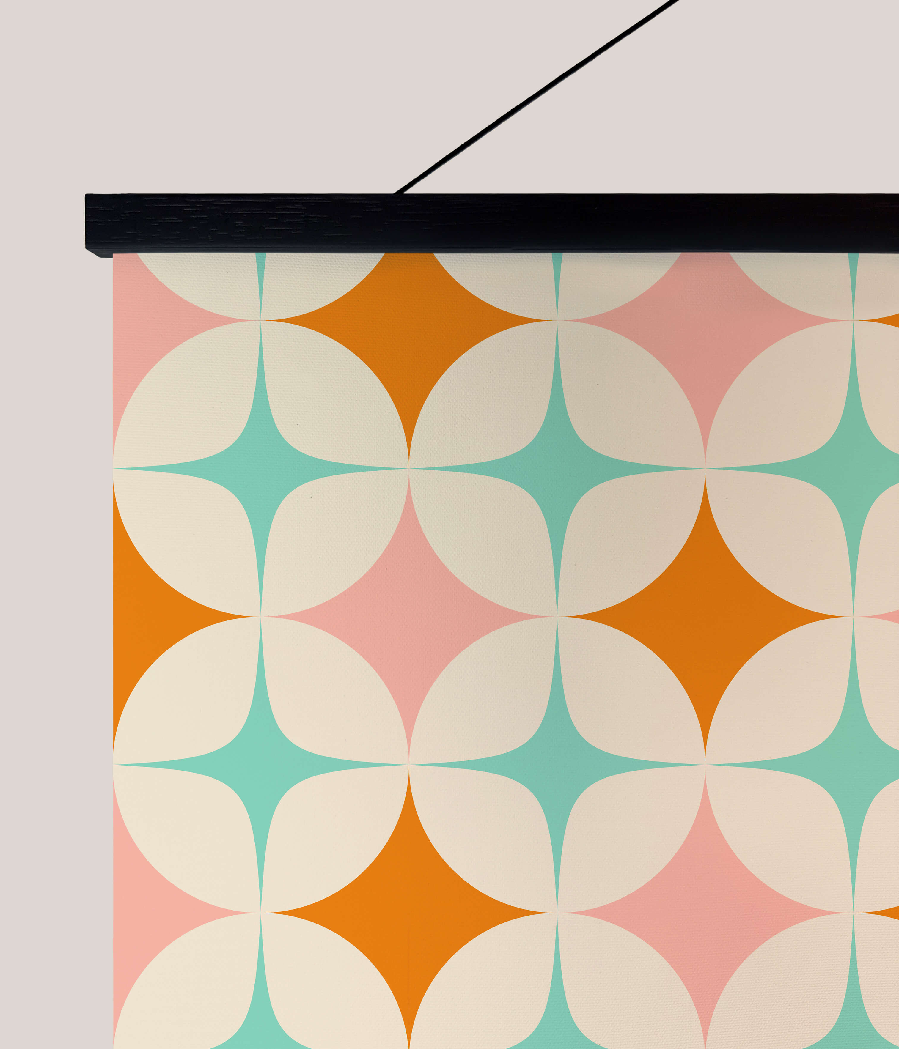 Retro star tapestry with a retro star geometric pattern in pink teal and orange on off-white fabric wall hanging
