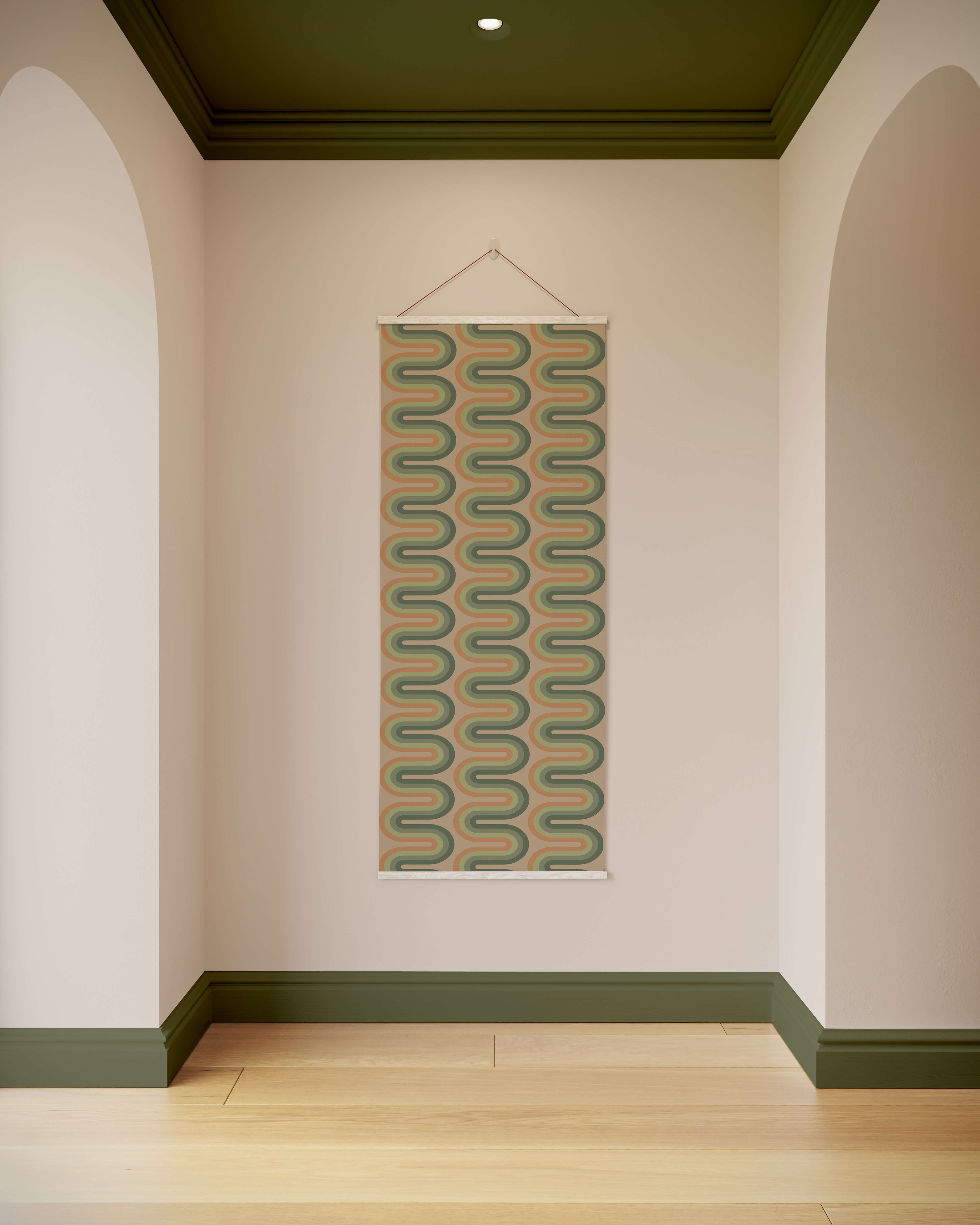 A rectangular retro wiggle stripe tapestry with sage green wavy stripes on beige background hanging by wire