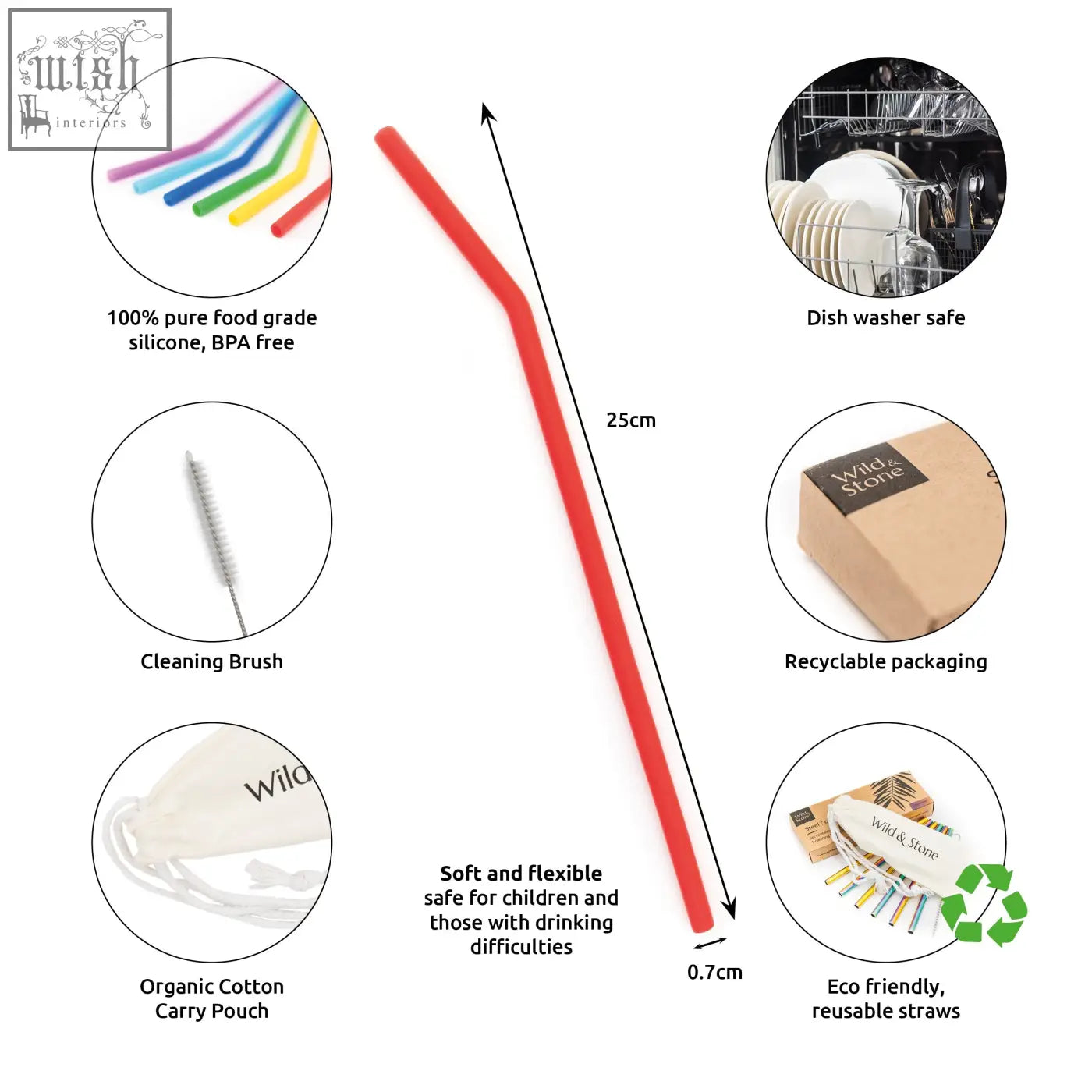 Red 25cm-long flexible silicone drinking straw from a reusable silicone drinking straws 6 pack set
