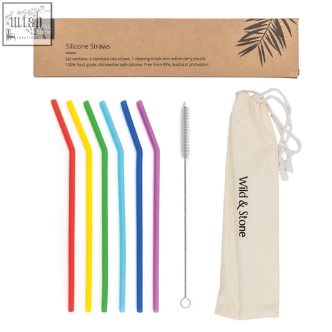 Set of six colorful reusable silicone drinking straws in red yellow green light blue dark blue and purple