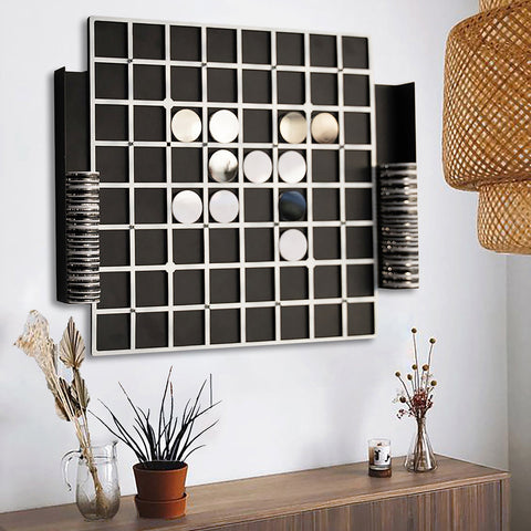 Reversi game board wall art with black and silver checkerboard pattern and mirrored circular opponents stones ideal for all age range with easy hanging instructions