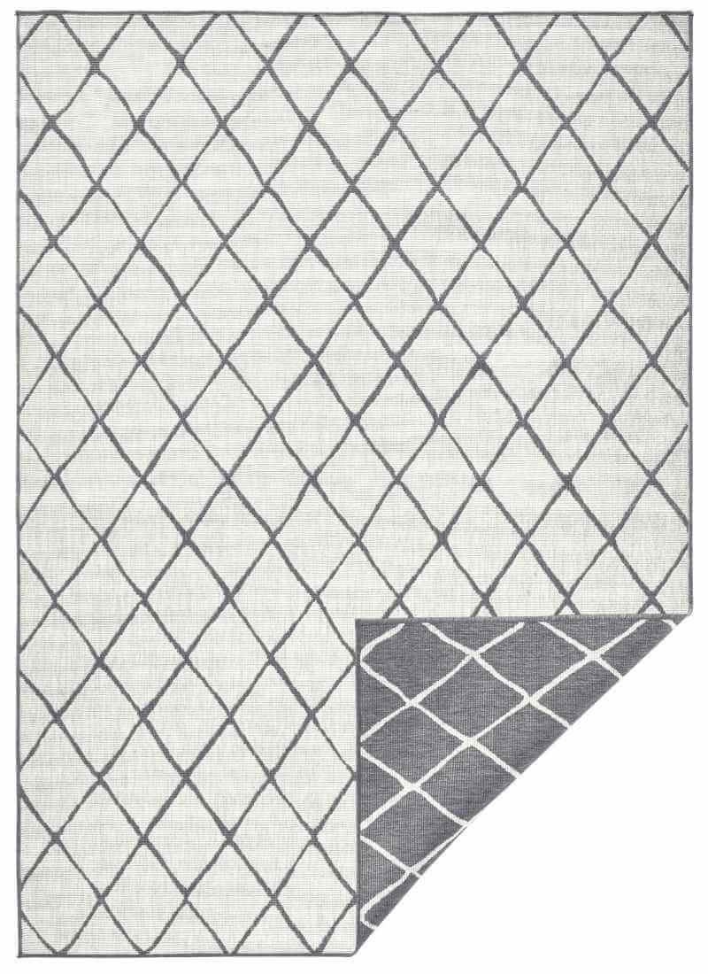 Gray diamond-patterned reversible indoor-outdoor flatweave rug with textured weave and white border