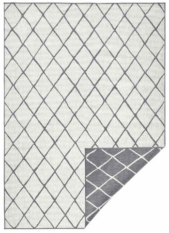 Gray diamond-patterned reversible indoor-outdoor flatweave rug with textured weave and white border