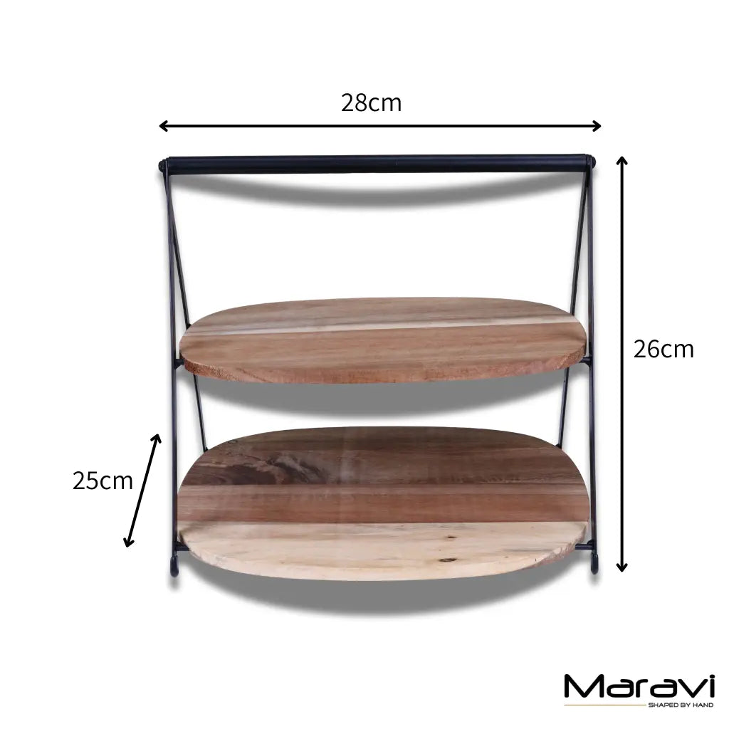 Revika 27cm tier cake stand with three natural wood oval shelves and a black metal frame for stylish cake display
