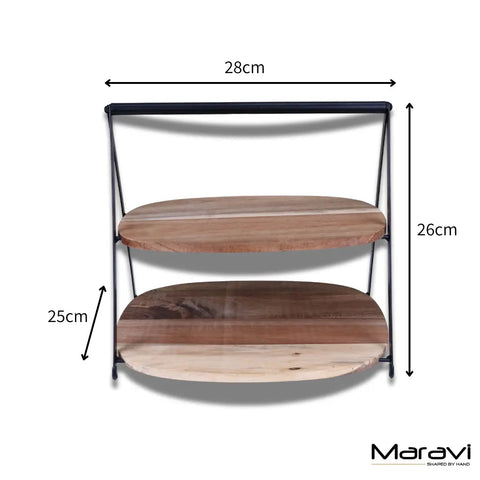 Revika 27cm tier cake stand with three natural wood oval shelves and a black metal frame for stylish cake display