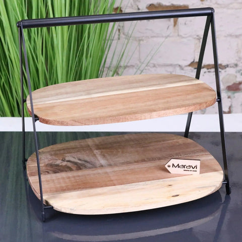 Two-tiered wooden tier cake stand with black metal frame perfect for serving cakes and desserts