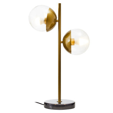 Revive two light gold table lamp with spherical glass globes and black marble table base for stylish lighting