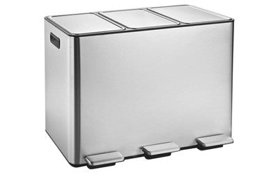 Rex 45l satin stainless steel 3 compartment foot pedal trash can with sleek modern design and satin stainless finish