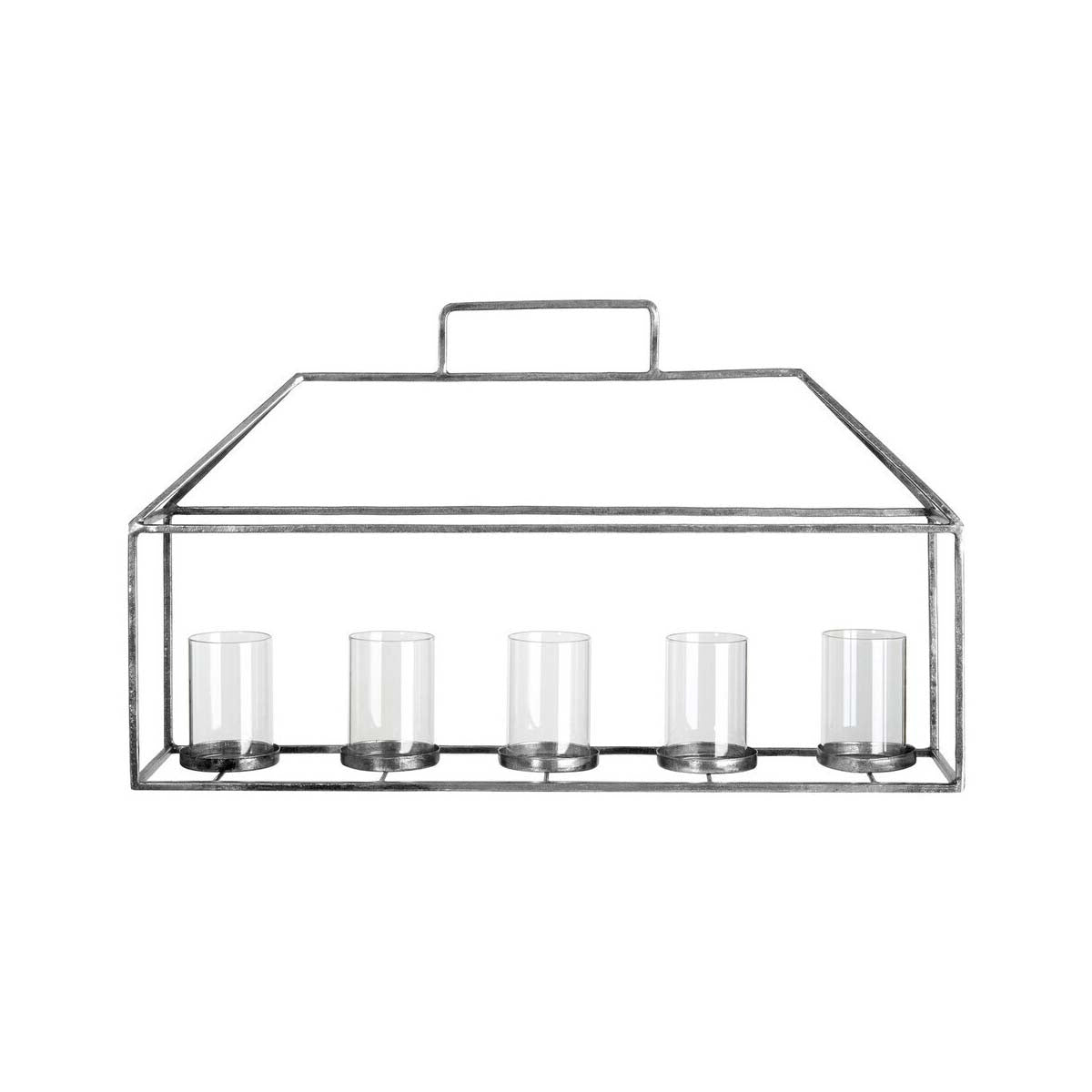 Reza candle holder with silver finish metal frame five clear glass cylinders and a top handle for easy carrying