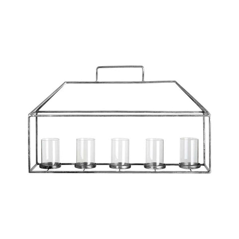 Reza candle holder with silver finish metal frame five clear glass cylinders and a top handle for easy carrying
