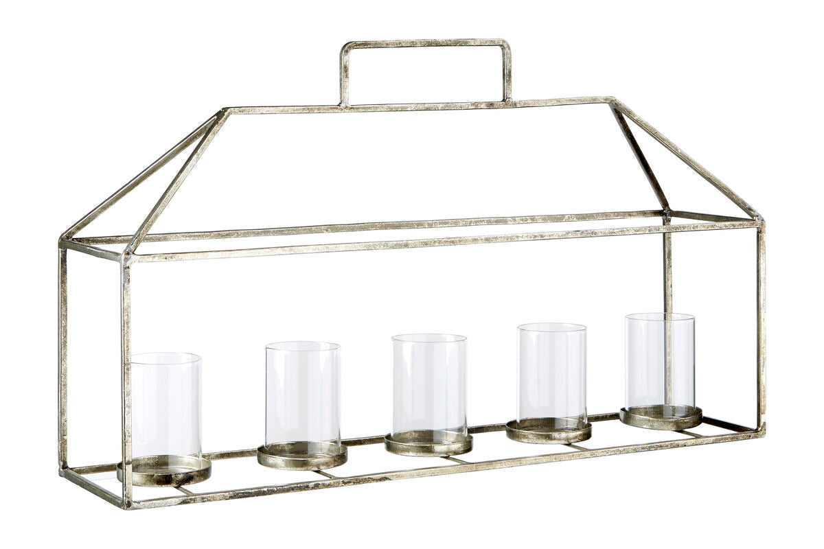 Silver finish reza candle holder with five clear glass candle holders in a row for elegant decor lighting