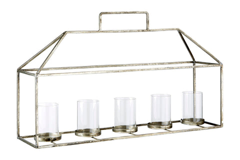 Silver finish reza candle holder with five clear glass candle holders in a row for elegant decor lighting