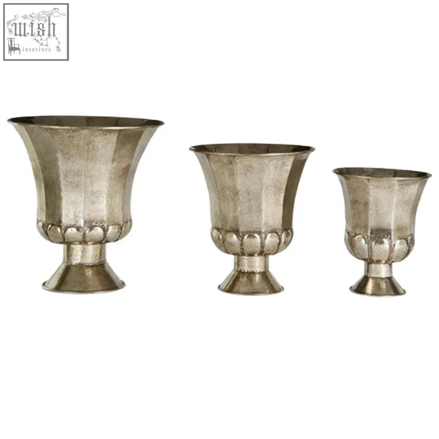 Reza set of 3 antique silver finish metallic planters with fluted ornate detailing and pedestal bases