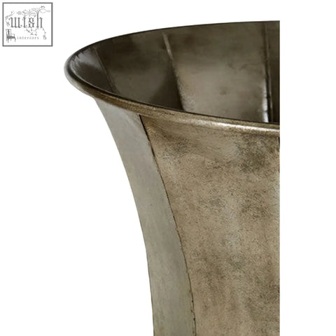 Silver-toned metal vase with fluted tapered design and subtle distressed antique silver finish planter style