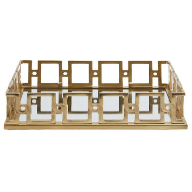 Rhoda rectangle gold mirror tray with gold-toned geometric metal frame and mirrored glass surface for stylish serving