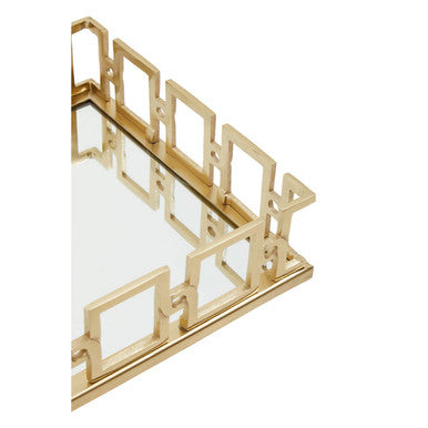 Rhoda rectangle gold mirror tray with a sleek gold mirror tray and geometric gold-toned frame design