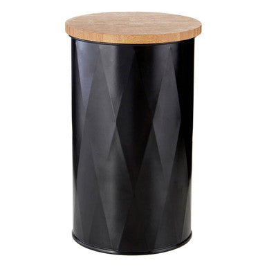 Black medium storage canister with geometric diamond pattern bamboo lid and cylindrical shape perfect for kitchen use