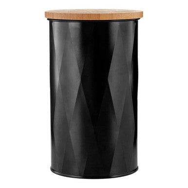 Rhombus black medium storage canister with geometric diamond-patterned black finish and natural wood lid