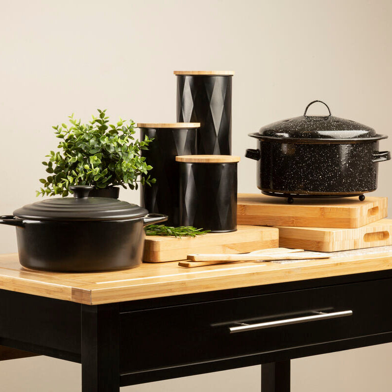 Black speckled enamel slow cooker with lid and handles shown as a black medium storage canister alternative