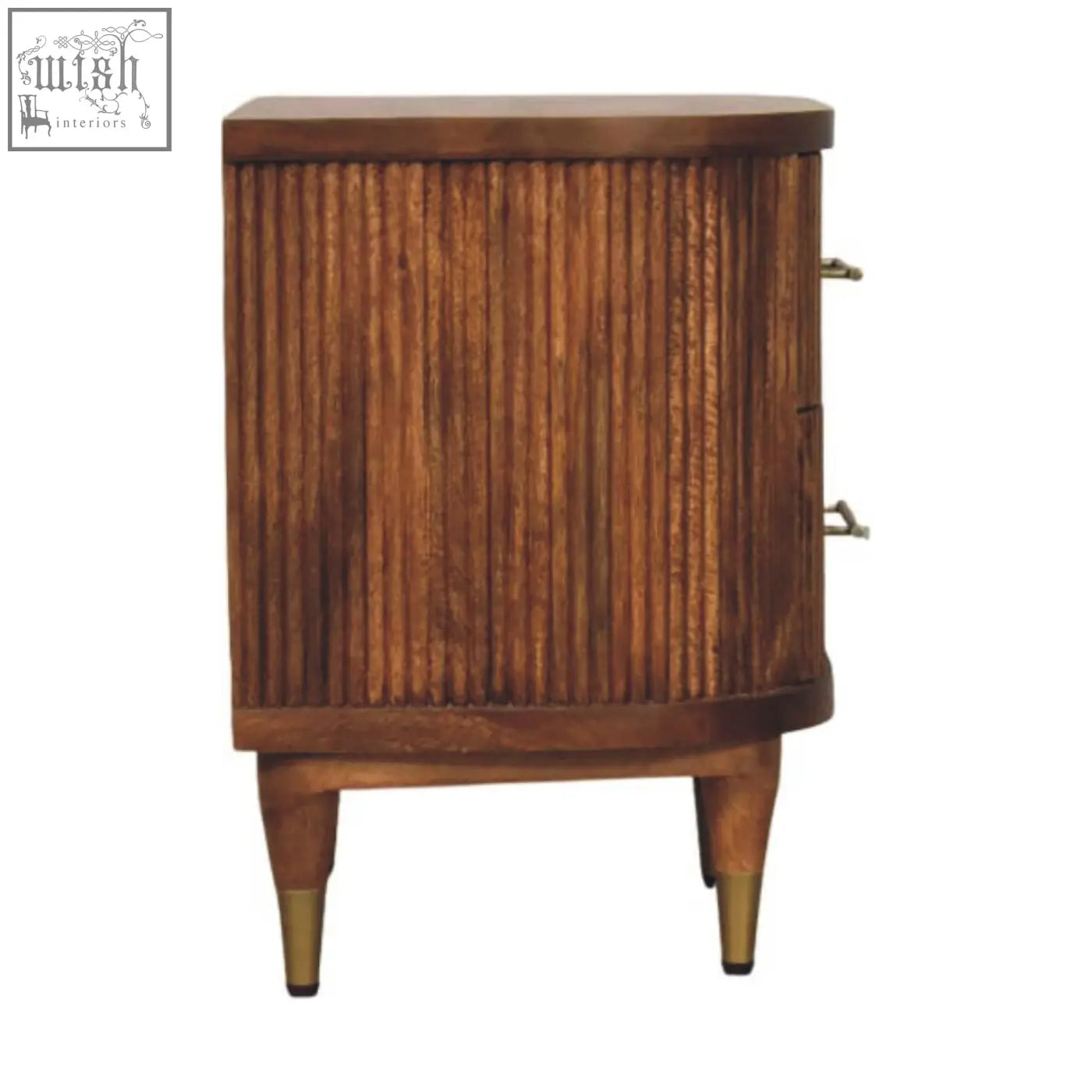 Vintage wooden nightstand with two ribbed front drawers, brass legs, and amber oak finish made of solid mango wood