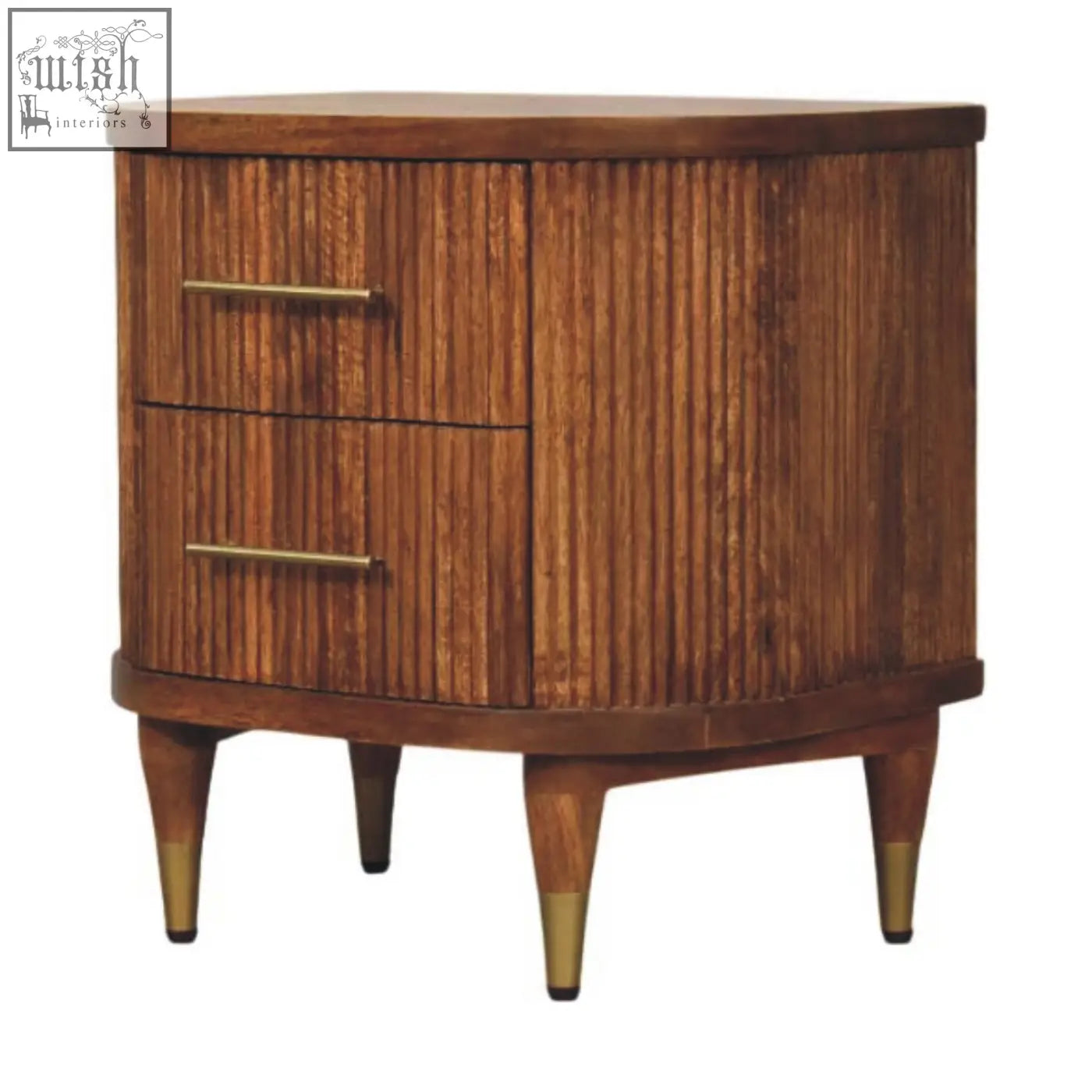 Curved wooden nightstand in solid mango wood with two ribbed-front drawers brass handles and amber oak finish legs