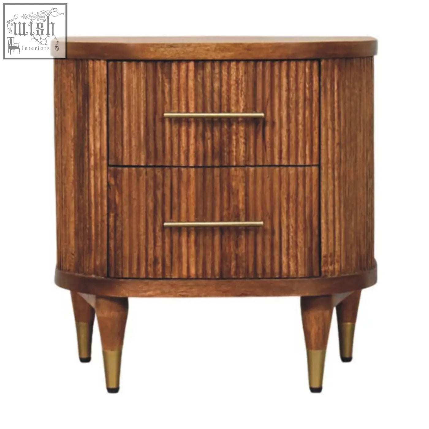 A mid-century modern nightstand in solid mango wood with an amber oak finish and two ribbed-front drawers with brass handles