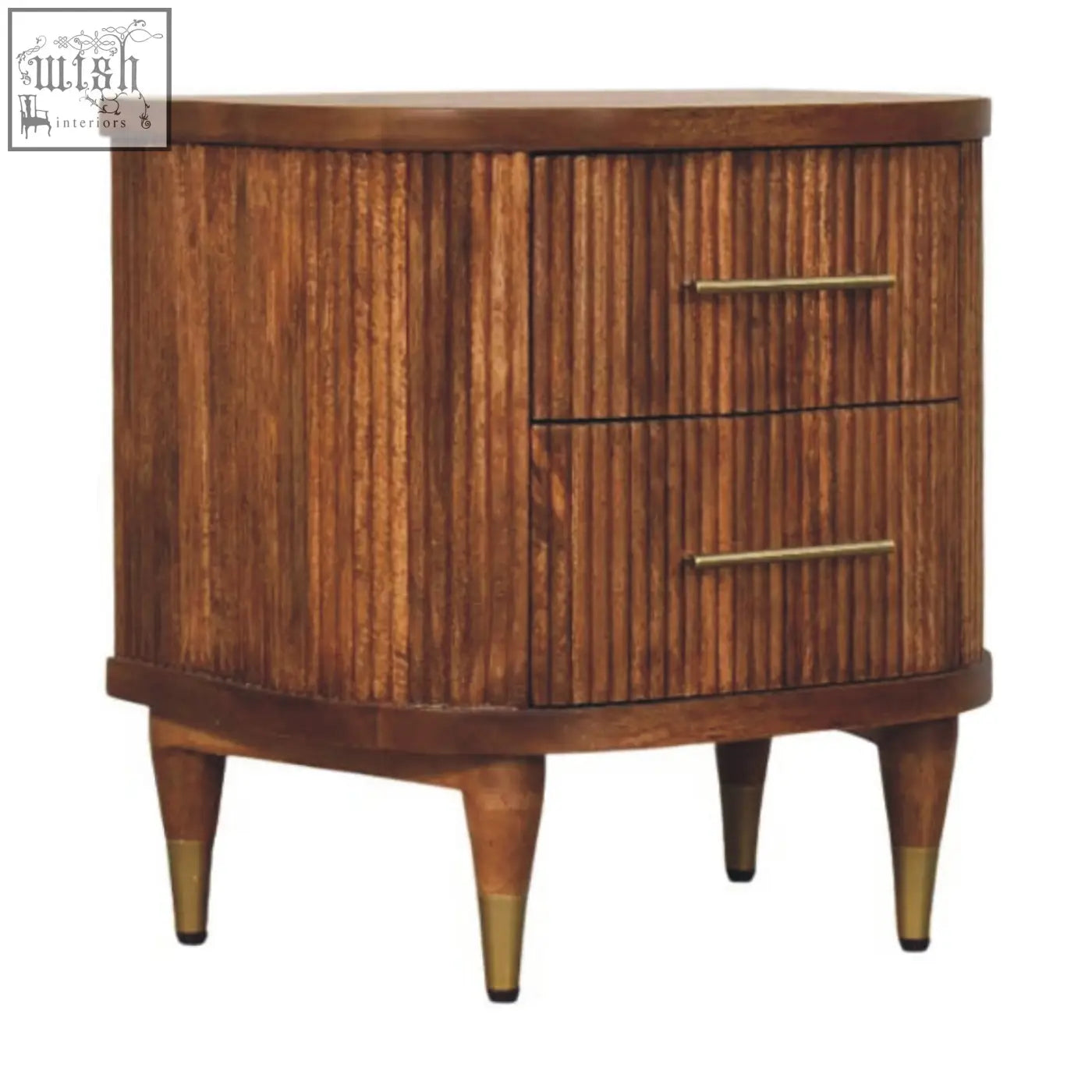 Mid-century modern oval nightstand with two ribbed-front drawers brass handles solid mango wood amber oak finish
