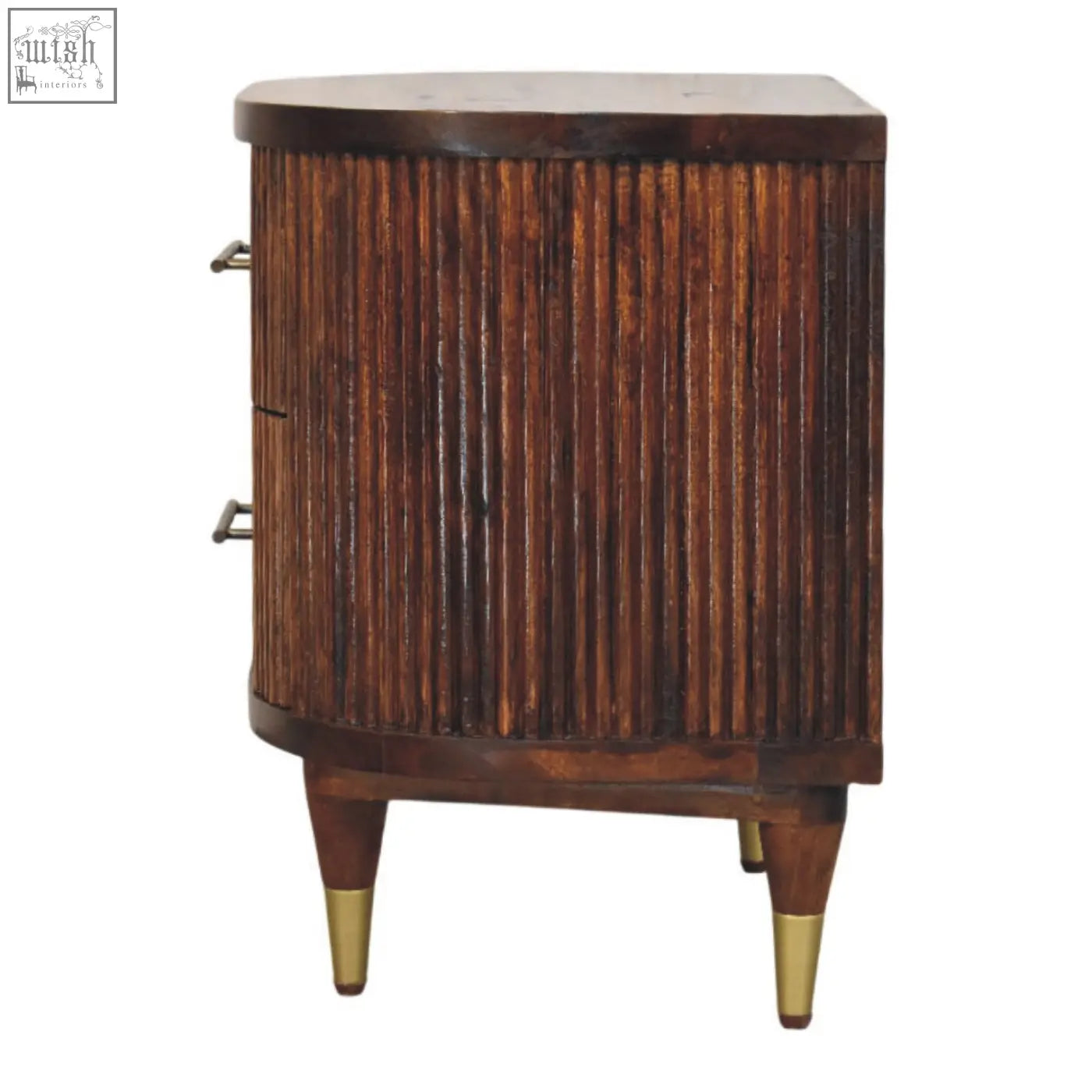 Dark wood ribbed bedside with vertical fluted panels and brass handles on tapered legs