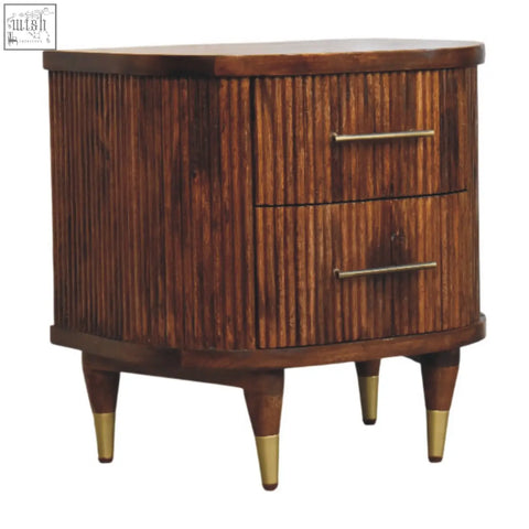 Rustic brown bamboo-finish ribbed bedside nightstand with two drawers and brass handles on legs and handles