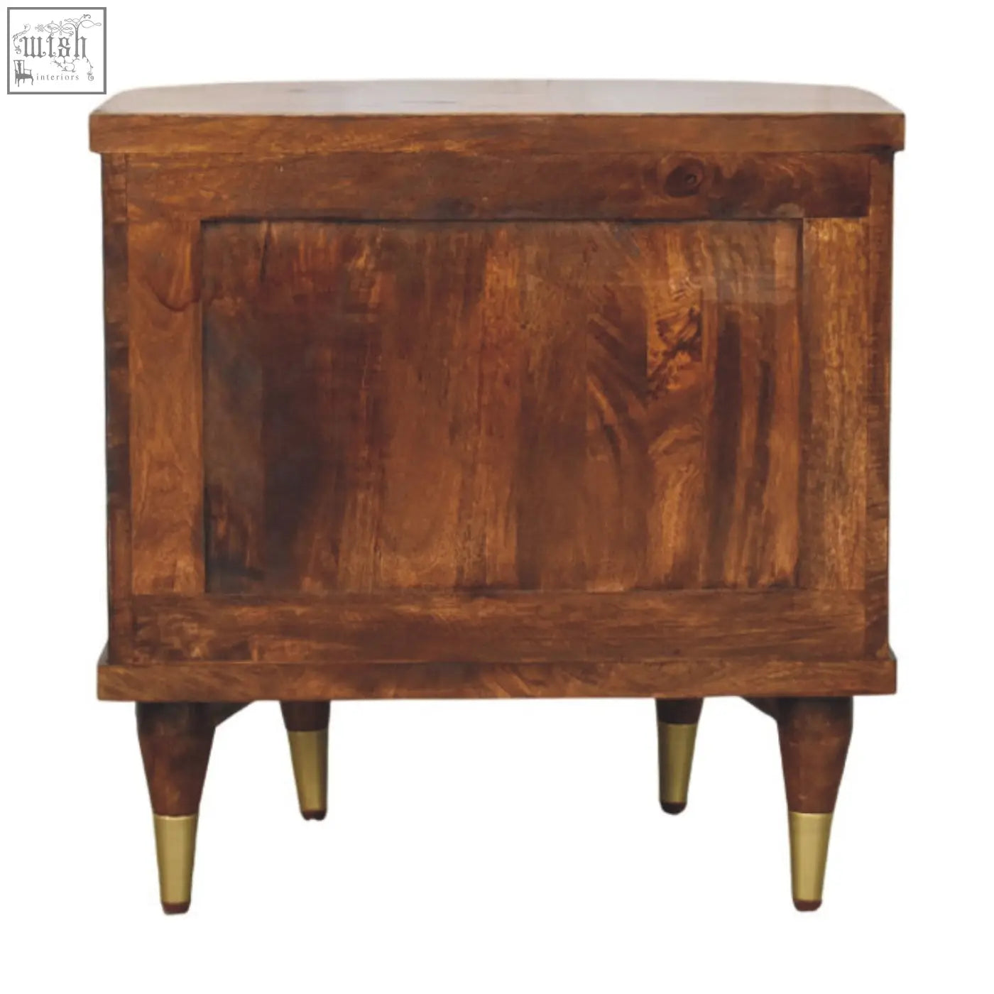 A rustic wooden ribbed bedside with brass handles, warm brown finish, brass-tipped legs, and visible wood grain