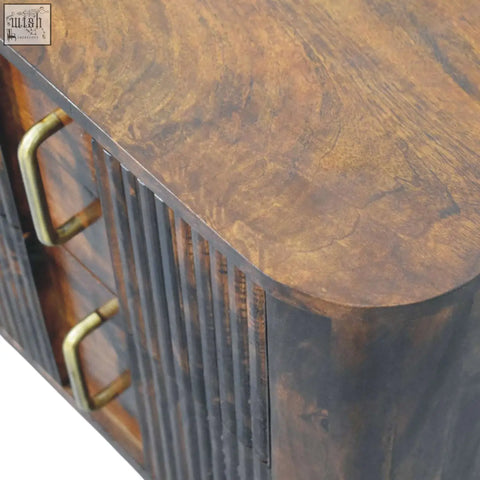 Ribera bedside table dark wood sideboard with vertical slats and brass handles for stylish bedroom storage
