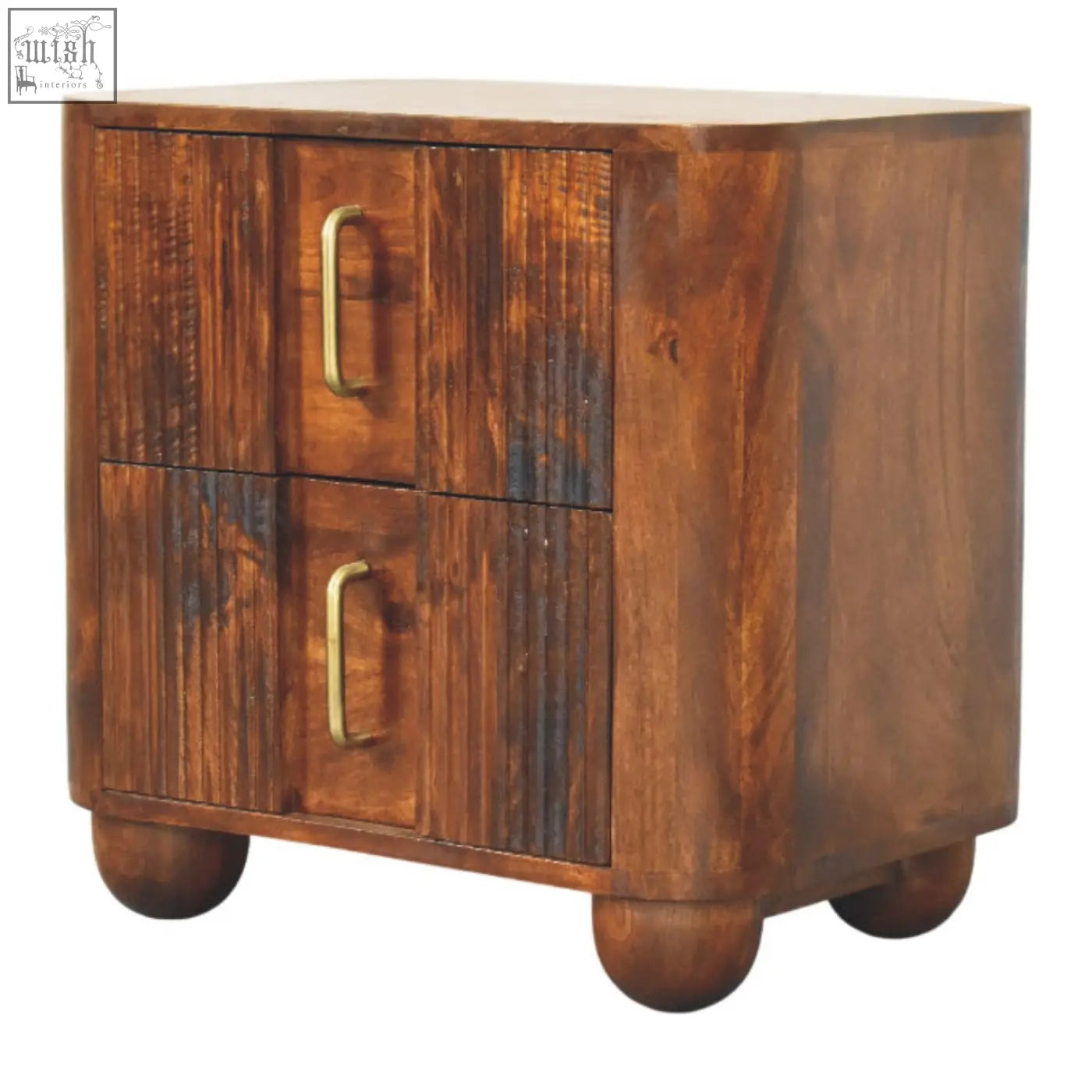 Rich warm-toned wooden ribera bedside table with two drawers vertical grooves and brass handles for bedroom storage