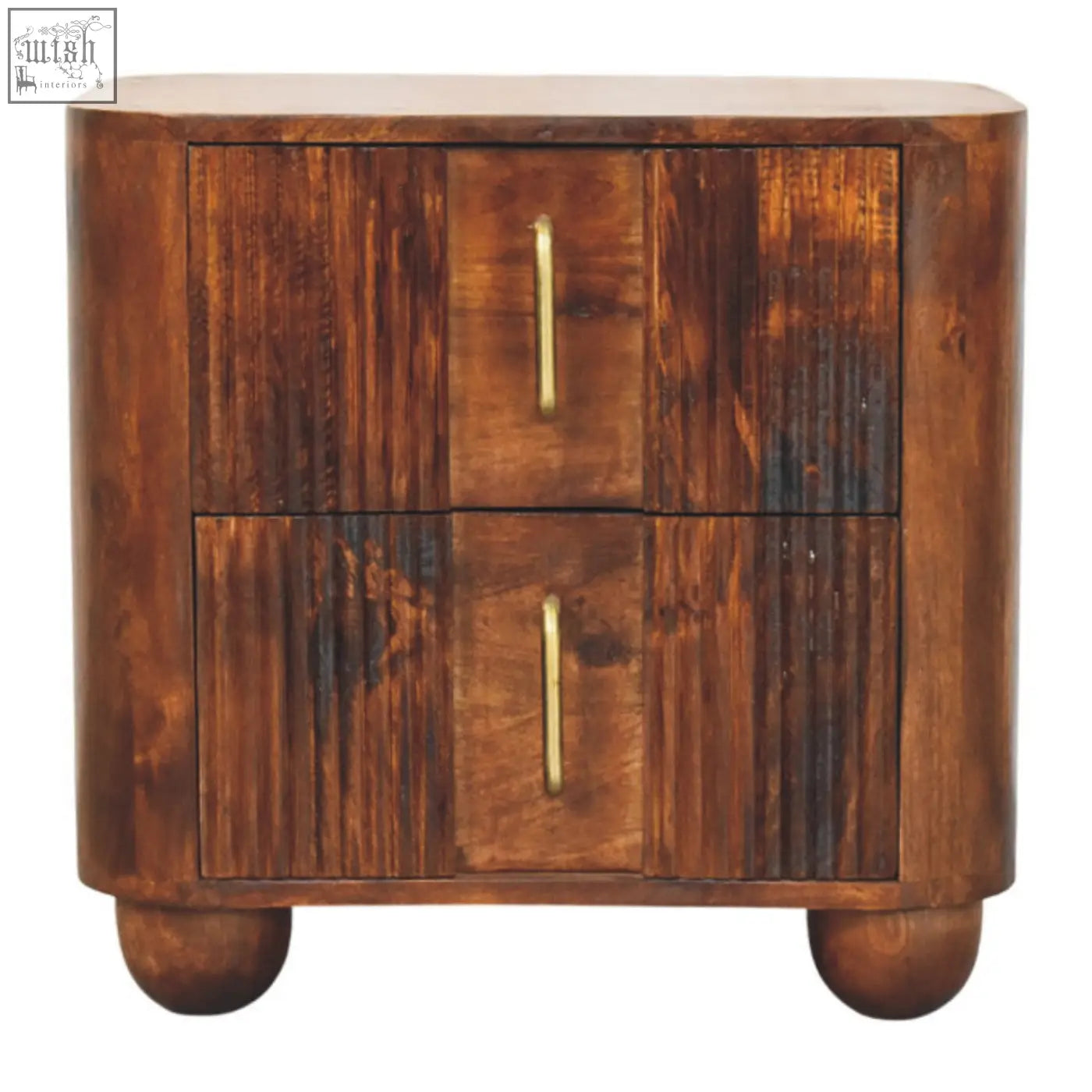 A rustic brown wooden ribera bedside table with two drawers and vertical brass handles on rounded feet