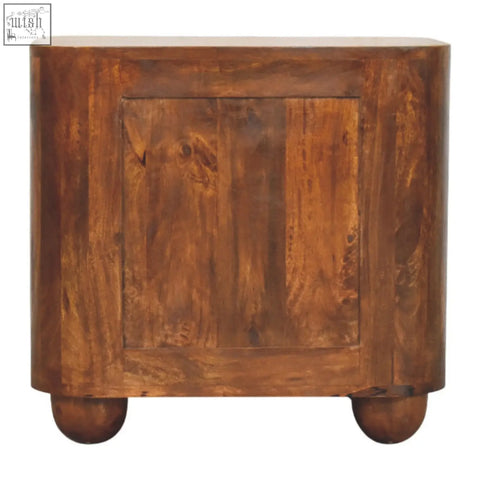 Rustic brown wooden ribera bedside table with rounded edges and two spherical feet perfect for bedroom use