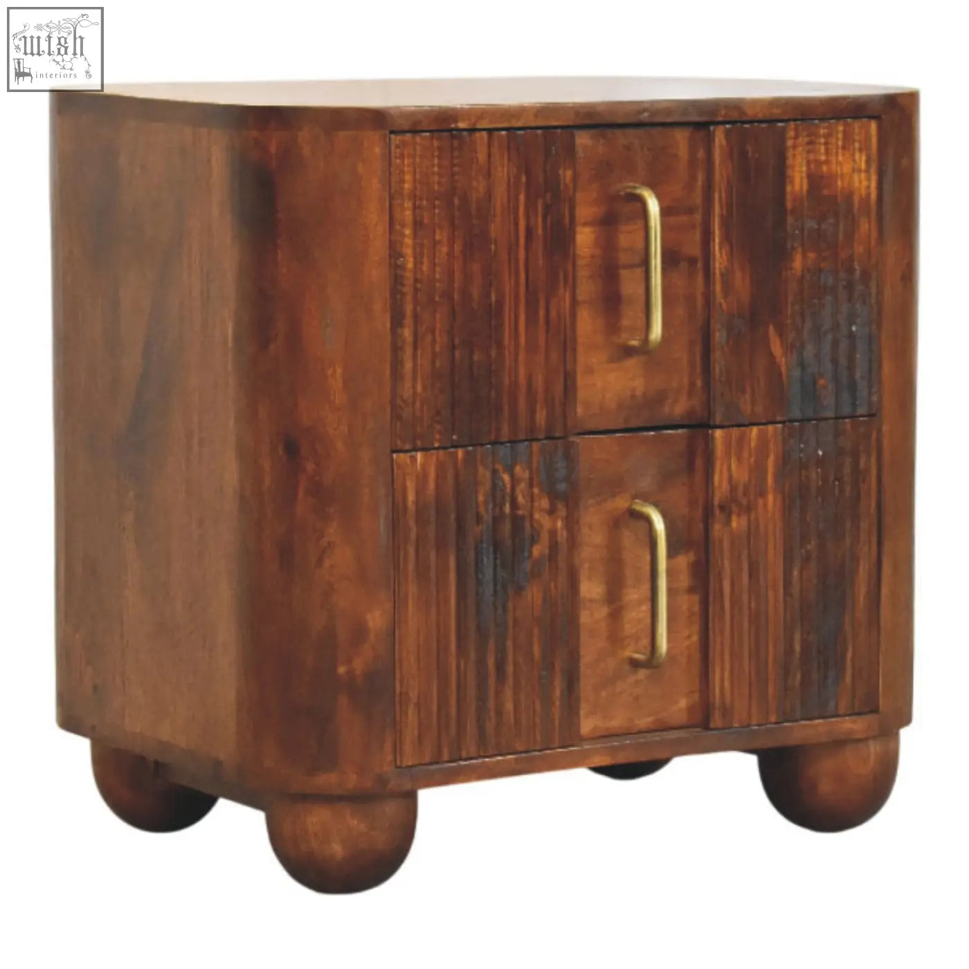 Rustic wooden ribera bedside table with two drawers and brass handles perfect for nighttime storage