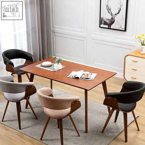 Mid-century modern richie dining chair set with warm brown wood table and four black gray beige charcoal upholstered chairs