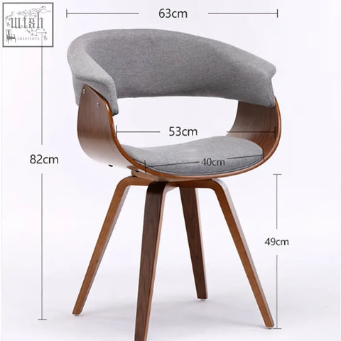 Modern mid-century style richie dining chair with curved wooden frame and gray upholstered seat and backrest