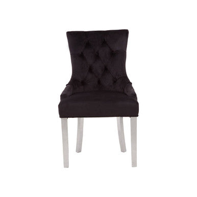 Richmond black velvet dining chair with tufted back and sleek chrome legs perfect for stylish dining rooms