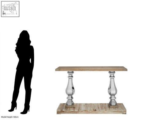 Rustic richmond white washed pine wood console table with light wood top and chrome baluster legs wood console table