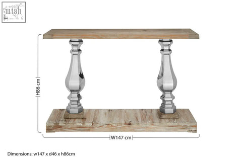 Rustic richmond white washed pine wood console table with light wood top and polished chrome baluster legs