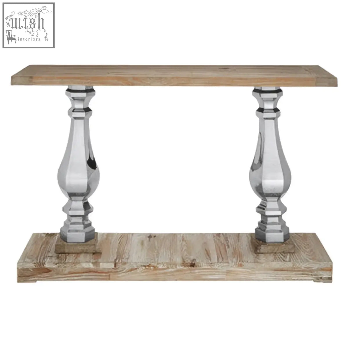 A rustic pine wood console table with a weathered light wood top and chrome baluster legs from richmond