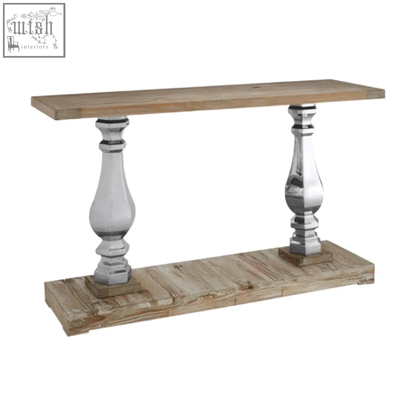 Rustic richmond white washed pine wood console table with weathered top and silver ornate turned legs wood console table