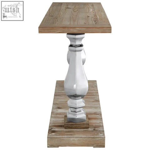 Rustic pine wood console table with white metal pedestal base featuring a white washed pine wood finish