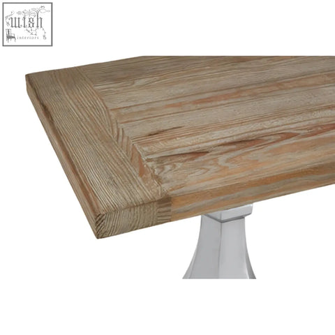 Rustic pine wood console table with light brown weathered top and sleek white pedestal base perfect for entryway use