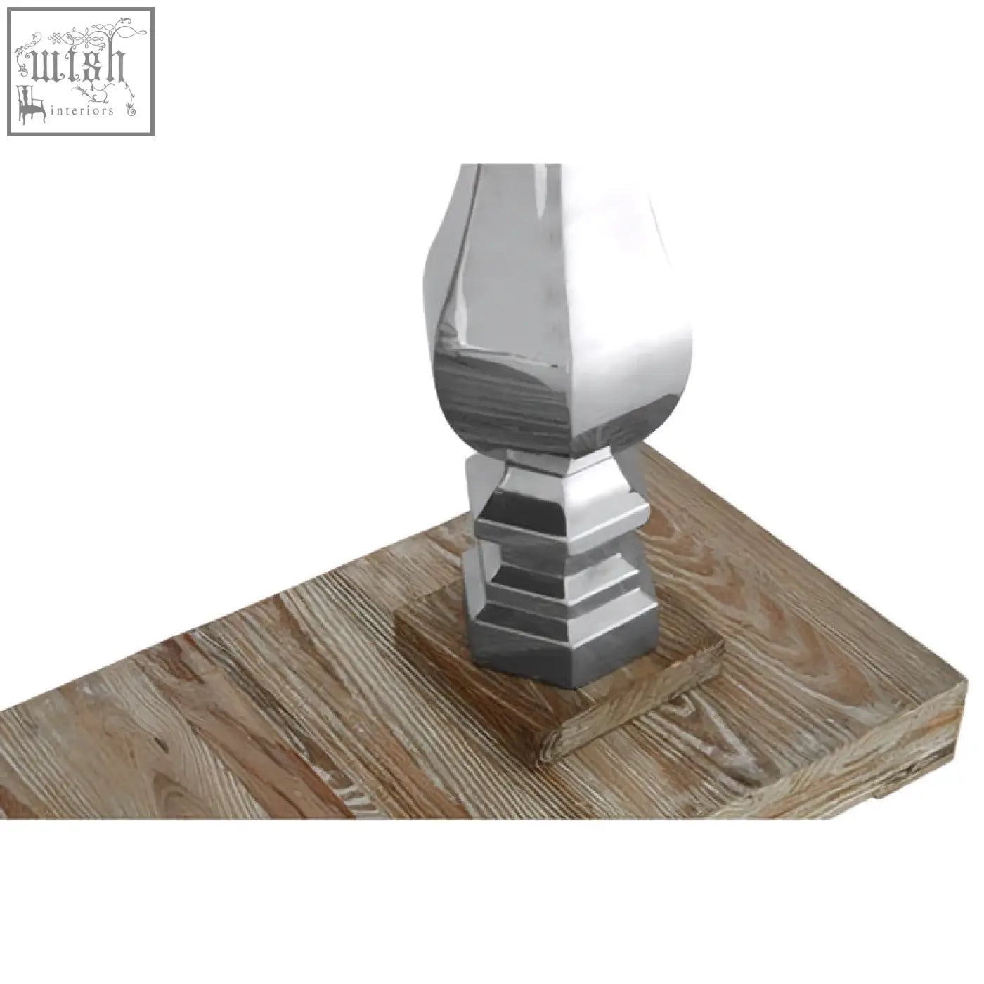 Silver metallic baluster with geometric design and stepped base on richmond white washed pine wood console table