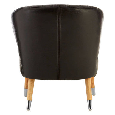 Richy black leather effect accent chair with black leather effect upholstery and light wood legs with chrome caps