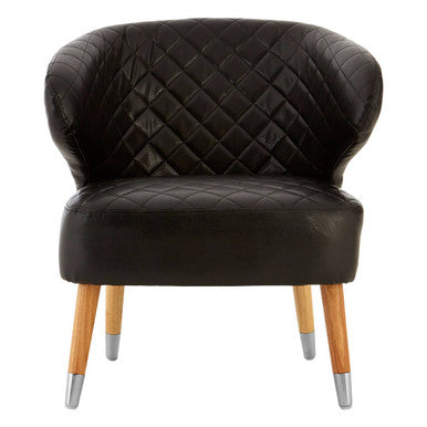 Richy black leather quilted accent chair with wooden legs and silver metal caps in black leather effect finish